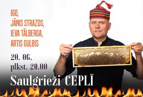 Izrādes "Saulgrieži Ceplī | IGO, JĀNIS STRAZDS, IEVA TĀLBERGA, ARTIS GULBIS" attels