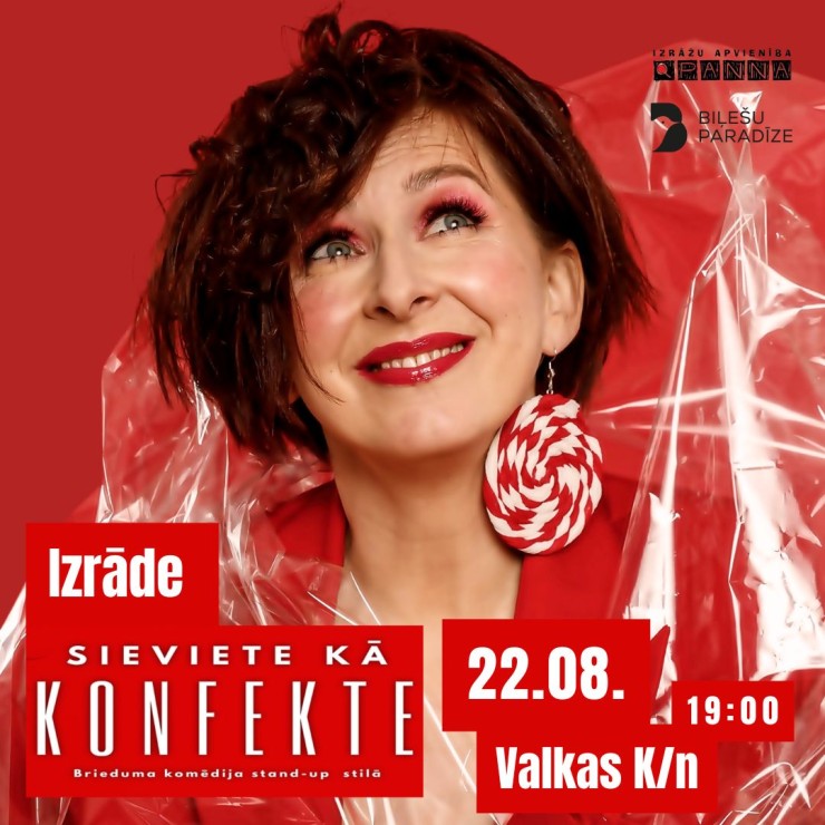 Izrādes "SIEVIETE KĀ KONFEKTE - brieduma komēdija stand-up stilā" attels