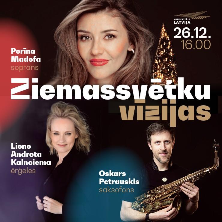 Izrādes "Ziemassvētku vīzijas. Perīna Madefa, Liene Andreta Kalnciema, Oskars Petrauskis" attels