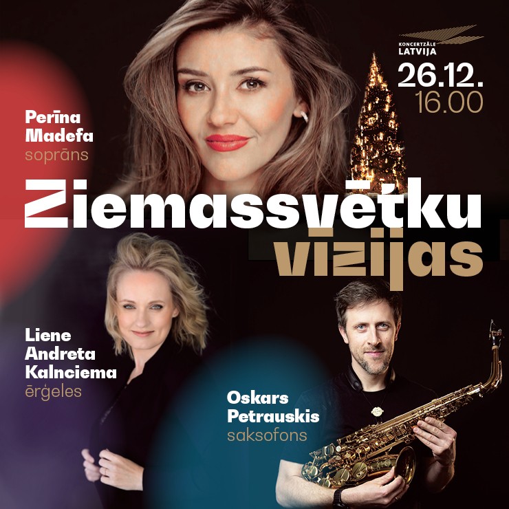 Izrādes "Ziemassvētku vīzijas. Perīna Madefa, Liene Andreta Kalnciema, Oskars Petrauskis" attels
