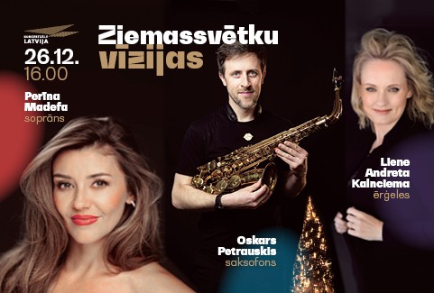 Izrādes "Ziemassvētku vīzijas. Perīna Madefa, Liene Andreta Kalnciema, Oskars Petrauskis" attels