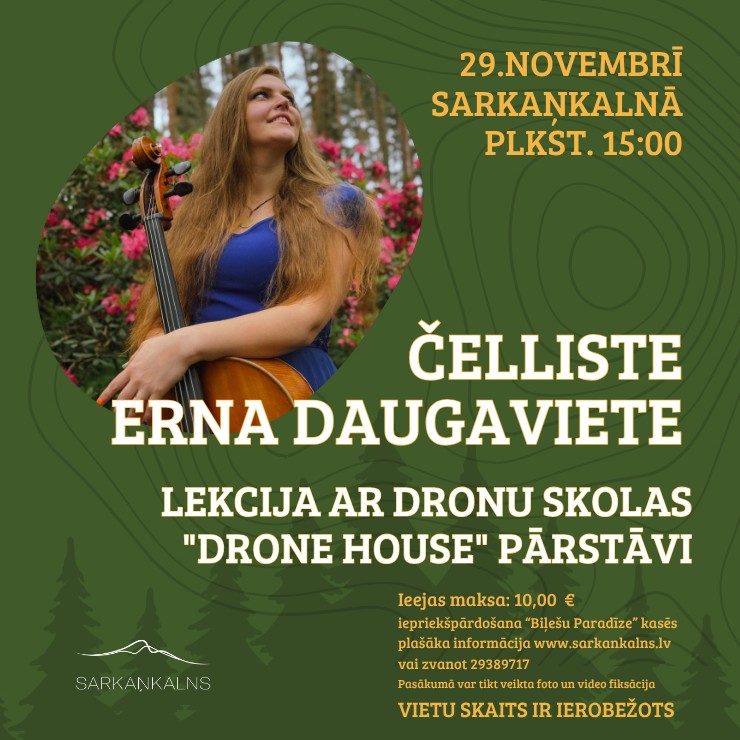 Izrādes "Lekcija ar “Drone House” pārstāvi ar un koncerts ar čellisti Ernu Daugavieti" attels
