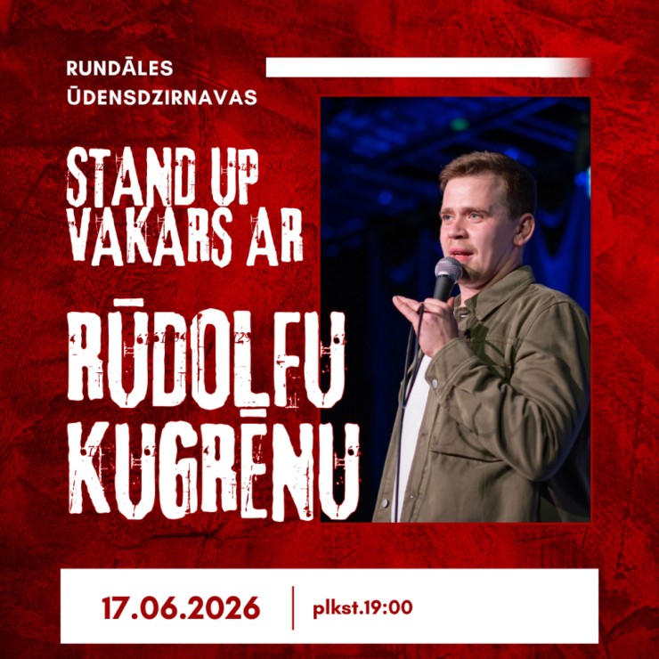 Izrādes "STAND UP  vakars ar Rūdolfu Kugrēnu Rundāles ūdensdzirnavu pagalmā" attels