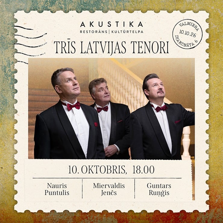Izrādes "TRĪS LATVIJAS TENORI | Nauris Puntulis, Miervaldis Jenčs, Guntars Runģis | kultūrtelpā AKUSTIKA, Valmierā" attels