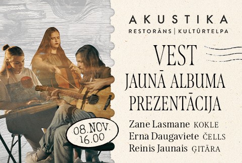 Изображение спектакля "Reinis Jaunais, Zane Lasmane, Erna Daugaviete | VEST | kultūrtelpā AKUSTIKA, Valmierā apakšvirsraksts: ĢITĀRA, KOKLE, ČELLS - Reiņa Jaunā albuma prezentācijas koncerts"